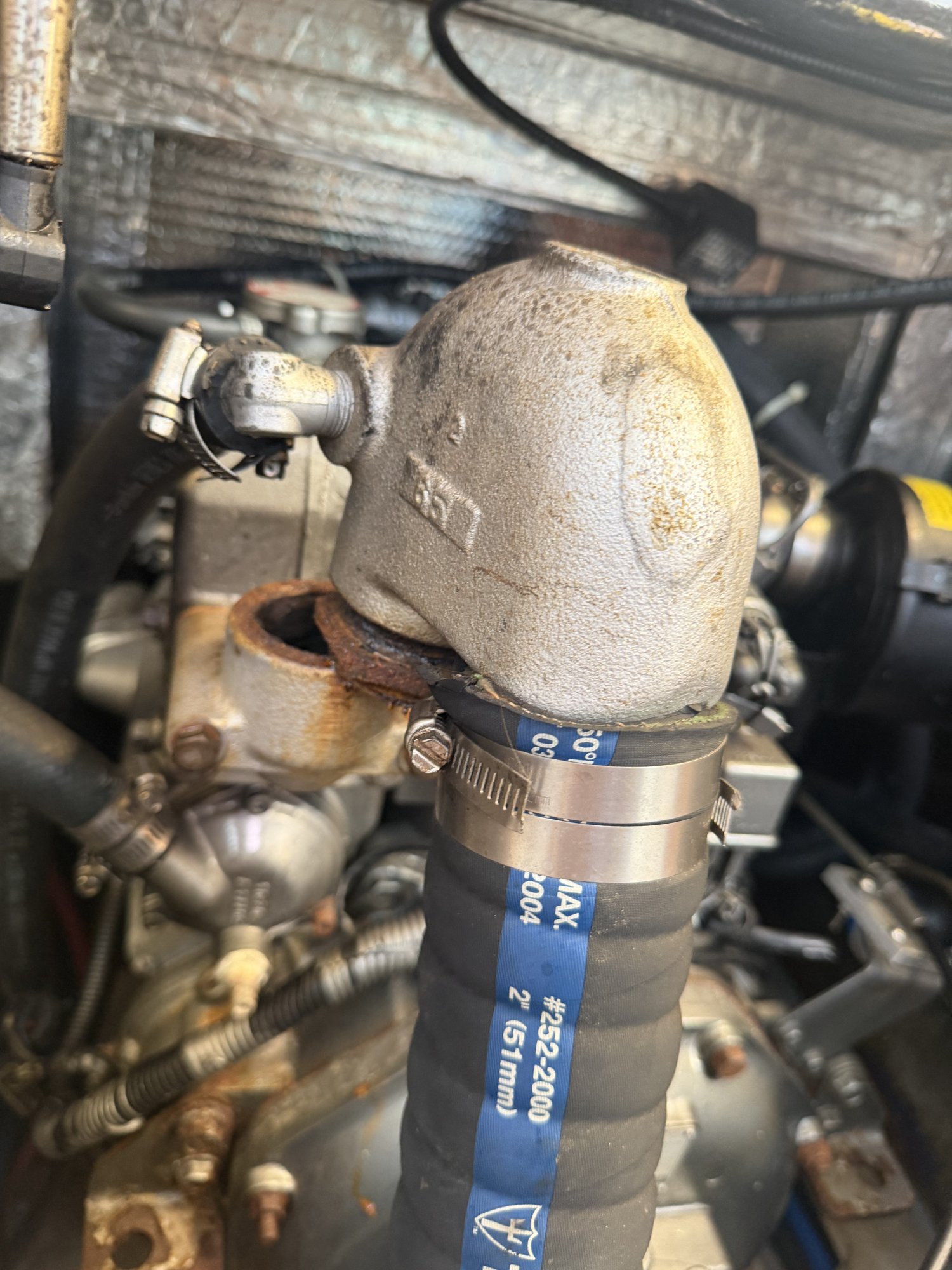 During: exhaust mixing elbow replacement underway